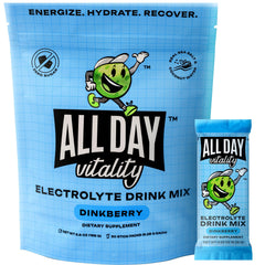 ALL DAY Vitality pickleball packets packaging front shows zero sugar hydration for athletes.