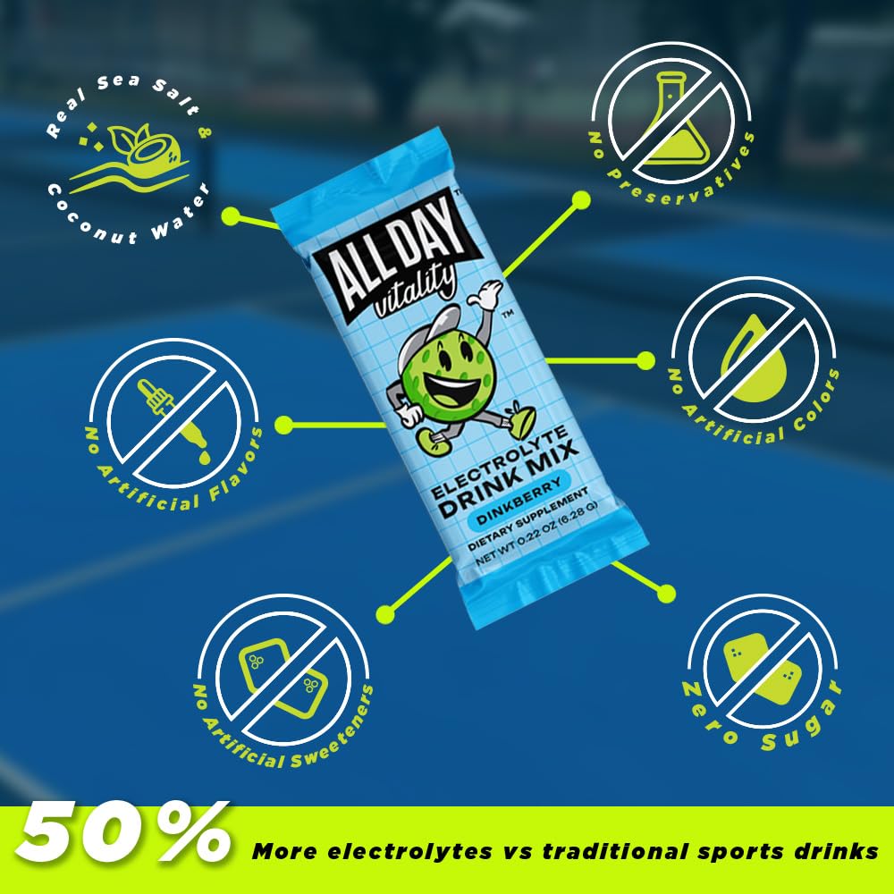 ALL DAY Vitality pickleball packets poured into water for quick mixing.
