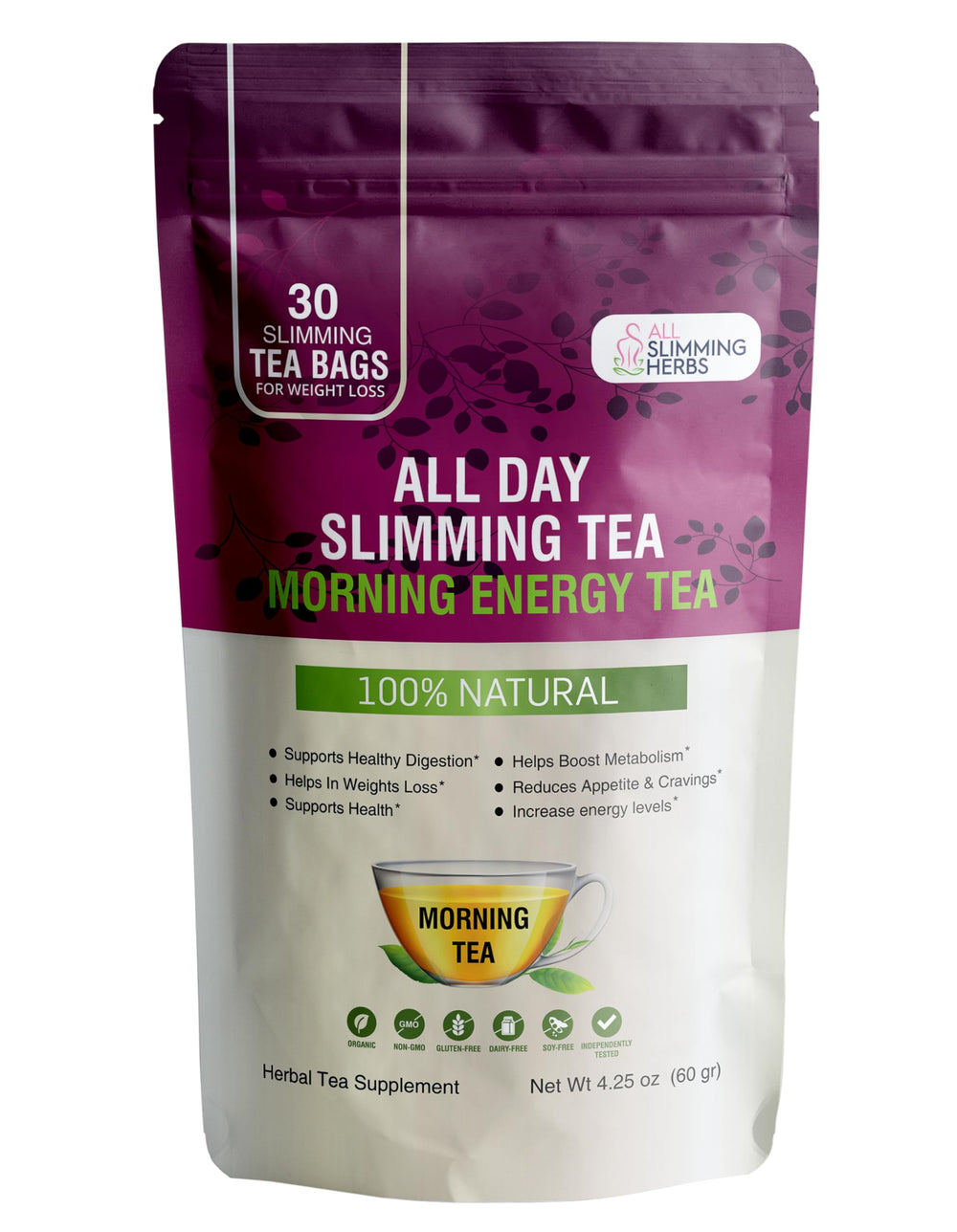 ALL SLIMMING HERBS Daytime Tea packet close-up showing premium herbal blend