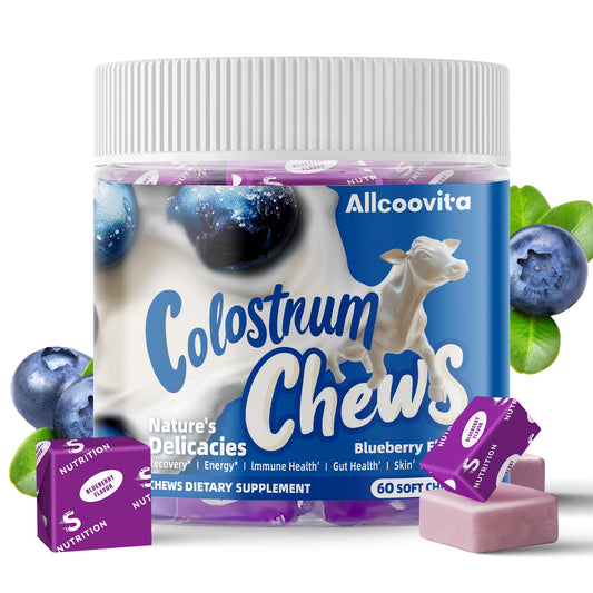 Allcoovita bovine colostrum chews blue bottle for daily wellness support