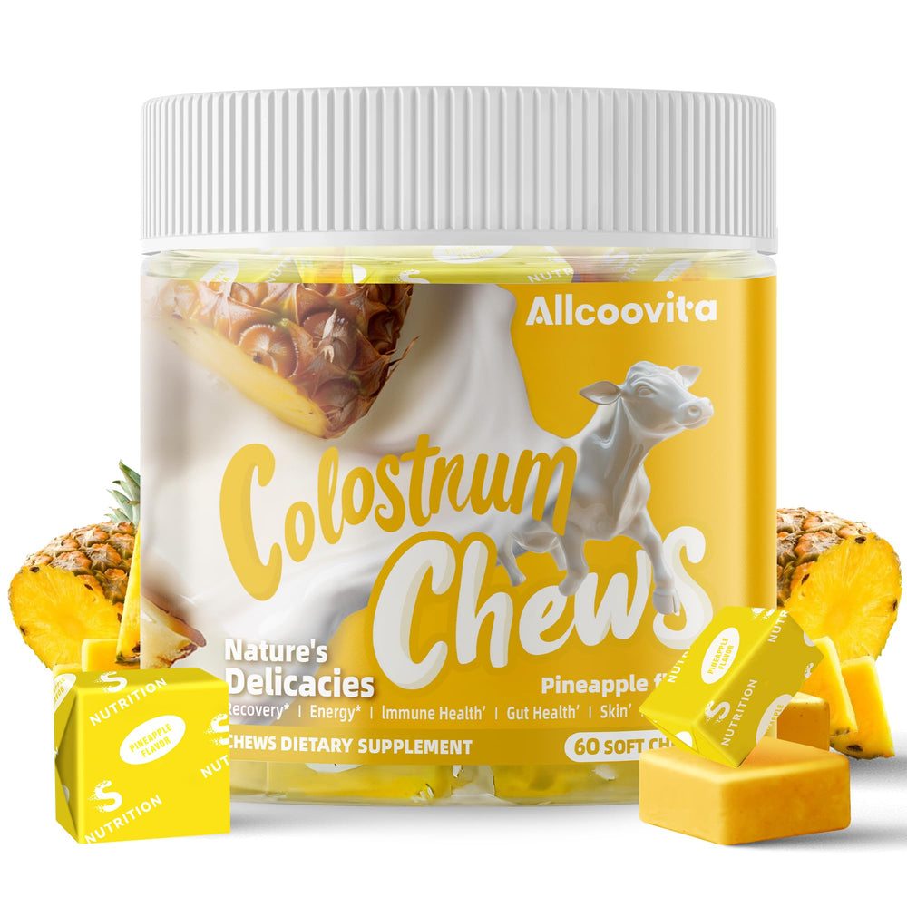 Allcoovita Bovine Colostrum Chews bottle front view for convenient daily wellness support