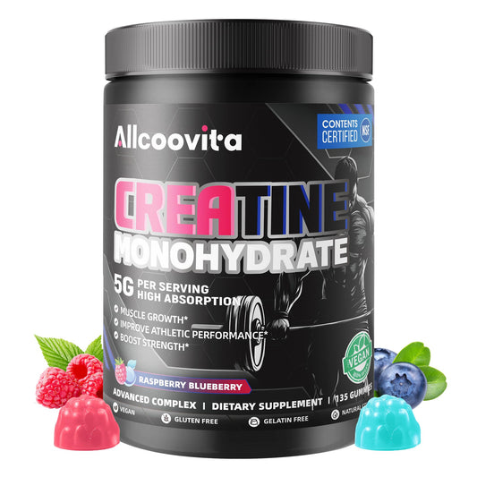 Allcoovita Creatine Gummy bottle with raspberry-blueberry flavor for convenient daily dosing.