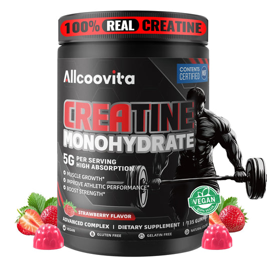 Allcoovita creatine gummy strawberry bottle for on-the-go energy and focus.