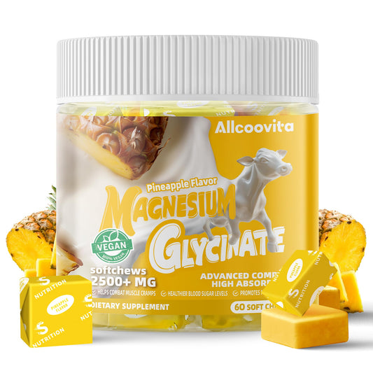 Allcoovita magnesio glicinato gomitas botella, sabor piña, apoyo para la calma.