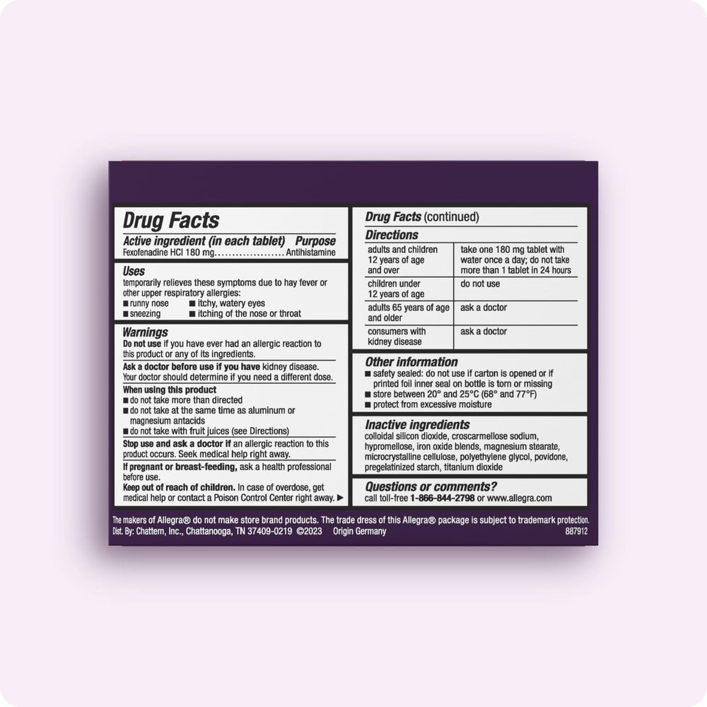 Allegra 70-count package front shows long-lasting allergy relief for daily use