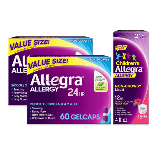 Allegra Family Bundle with adult 24HR gelcaps two-pack for fast, non-drowsy relief.