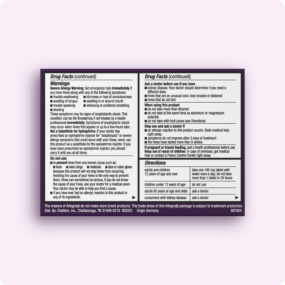 Allegra Hives 24h tablet pack back lists usage details for safe daily dosing.