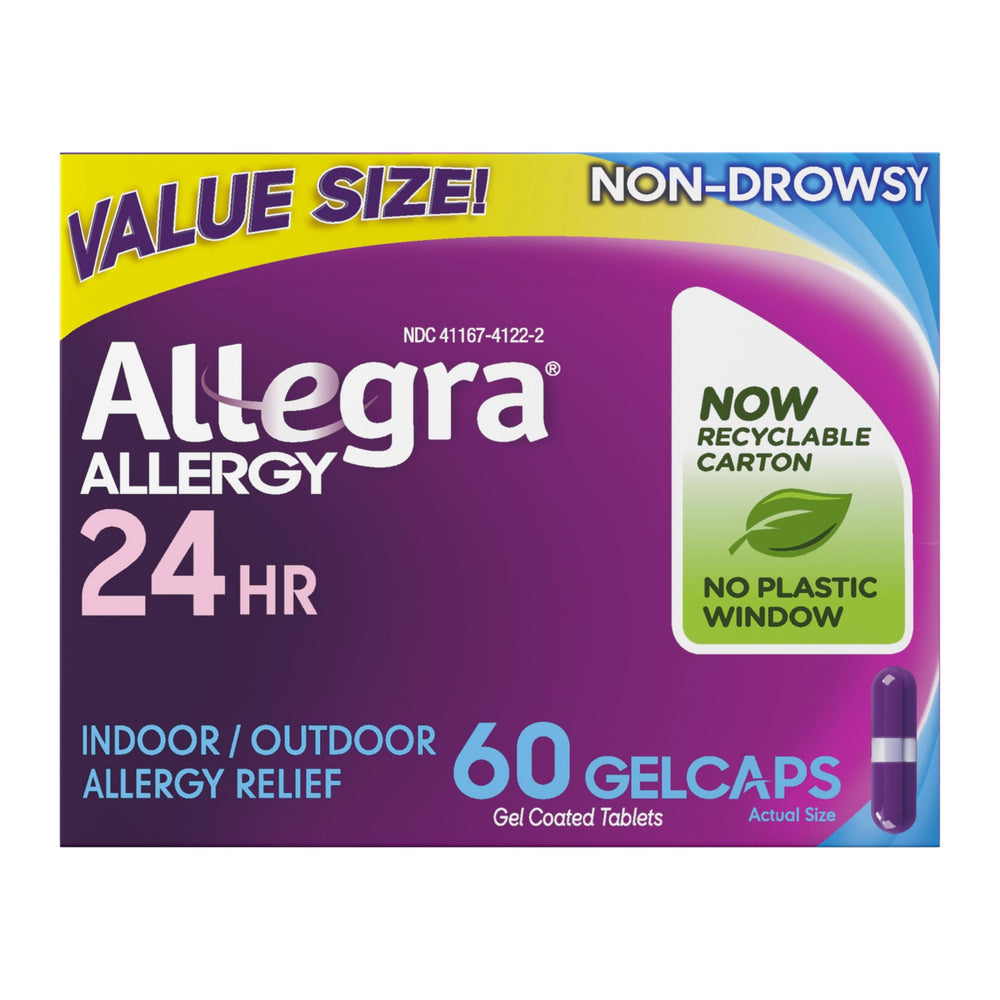 Allegra product line for indoor and outdoor allergies on display.