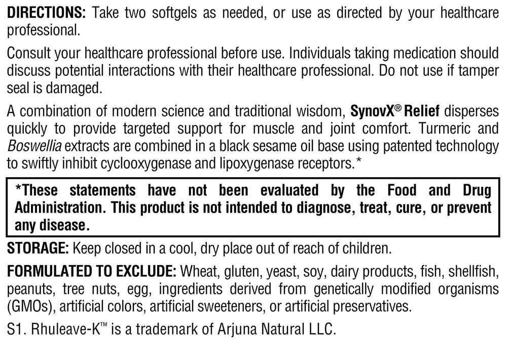 Allergen-conscious purity of SynovX Relief suited for gluten-free and plant-based diets.