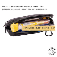 Allergy Apparel waist pack demonstrates hands-free carrying convenience.