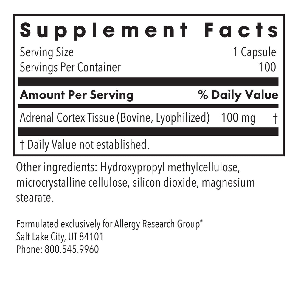 Allergy Research Group Adrenal Cortex capsules ready for ongoing wellness routines.