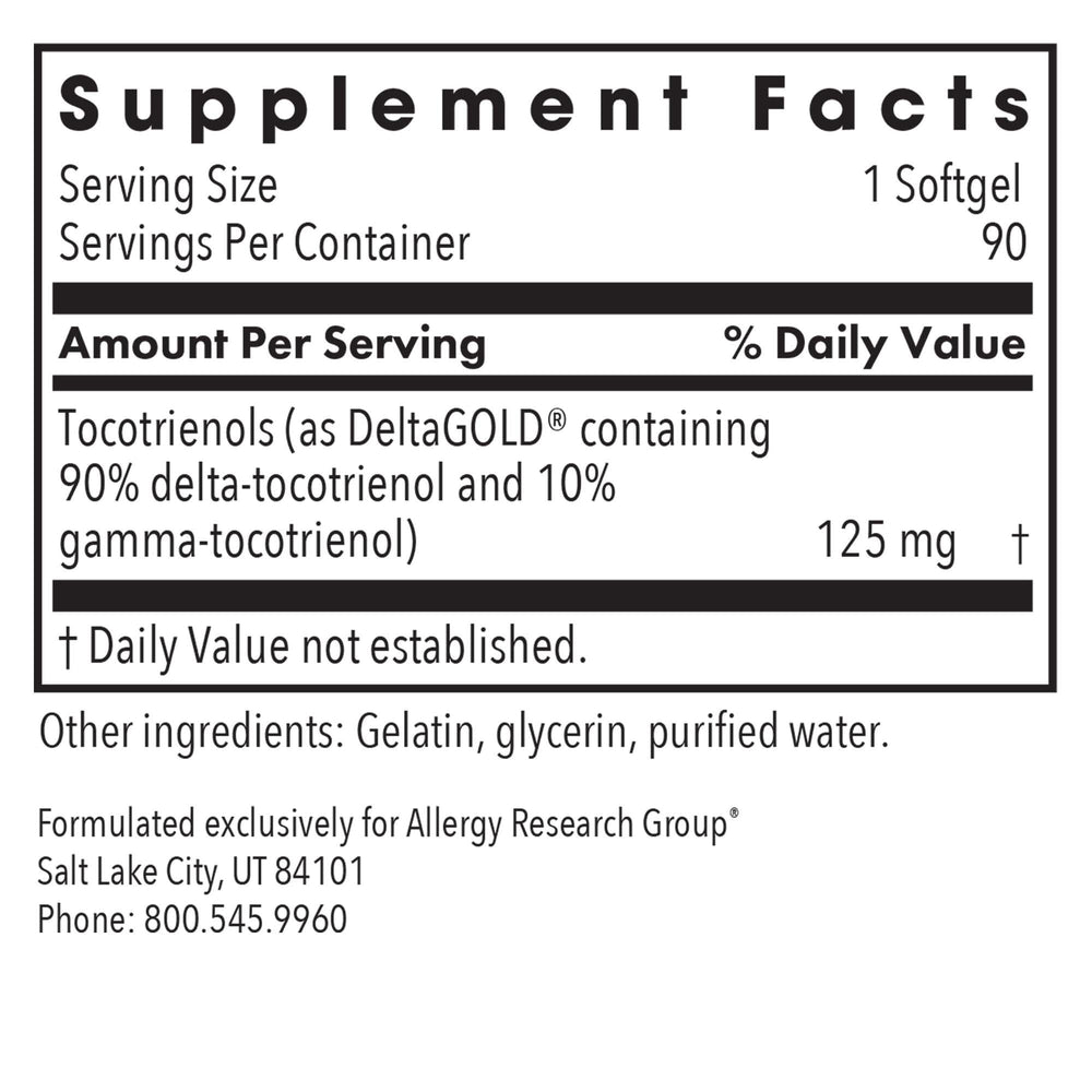 Allergy Research Group annatto-derived tocotrienols label emphasizes tocotrienol-rich formula.