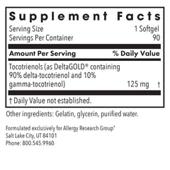 Allergy Research Group annatto-derived tocotrienols label emphasizes tocotrienol-rich formula.