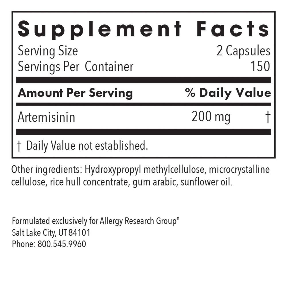 Allergy Research Group Artemisinin label details emphasize hypoallergenic and vegetarian formulation.