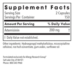 Allergy Research Group Artemisinin label details emphasize hypoallergenic and vegetarian formulation.