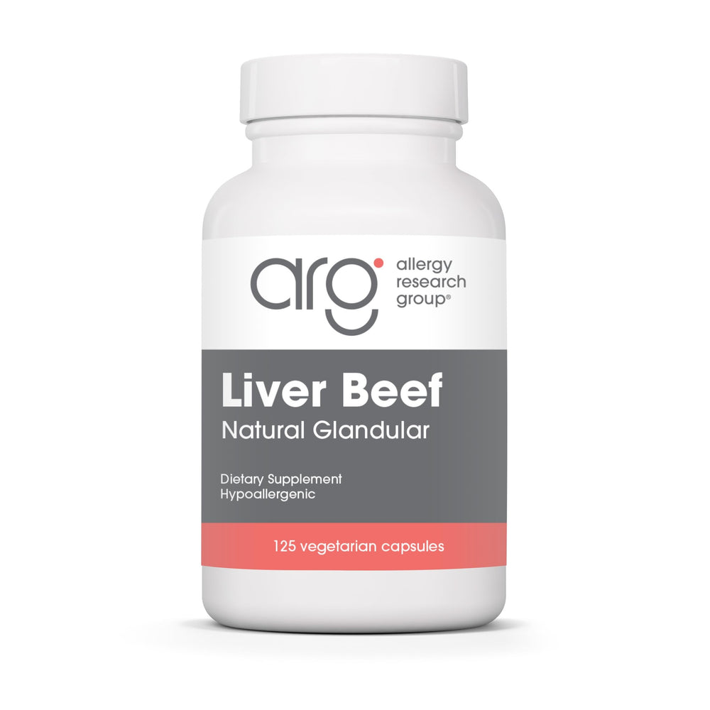 Allergy Research Group beef liver supplement bottle on shelf for liver support.