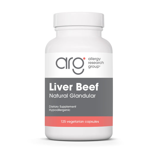 Allergy Research Group beef liver supplement bottle on shelf for liver support.