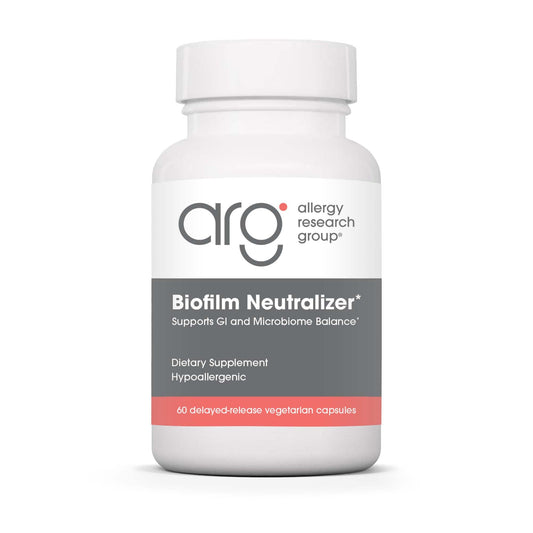 Allergy Research Group Biofilm Neutralizer bottle shows proteolytic enzymes for daily wellness support.