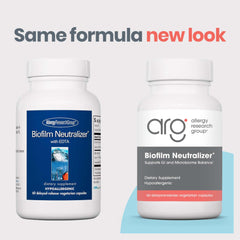Allergy Research Group Biofilm Neutralizer label highlights EDTA and alpha-lipoic acid for oxidative stress support.
