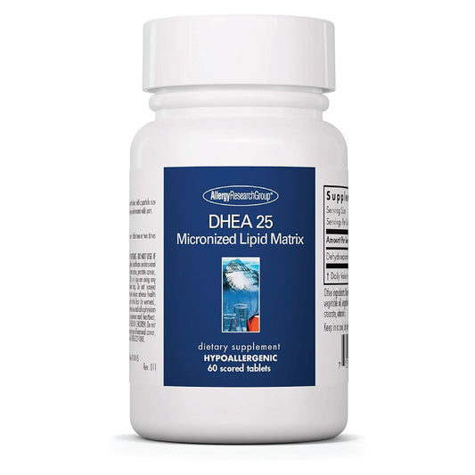 Allergy Research Group DHEA 25 micronized lipid matrix bottle highlights easy-to-dose capsules for absorption.