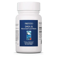 Allergy Research Group DHEA 25 micronized lipid matrix bottle highlights easy-to-dose capsules for absorption.