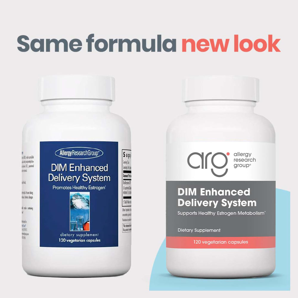 Allergy Research Group DIM capsules closeup showing vegetarian and soy-free formula.