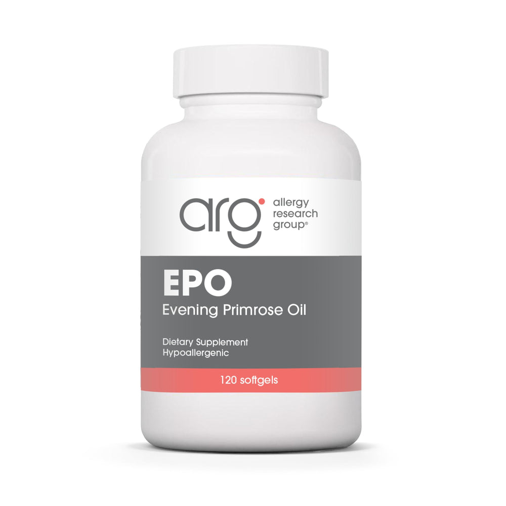 Allergy Research Group EPO bottle cap close-up showing convenient daily softgels