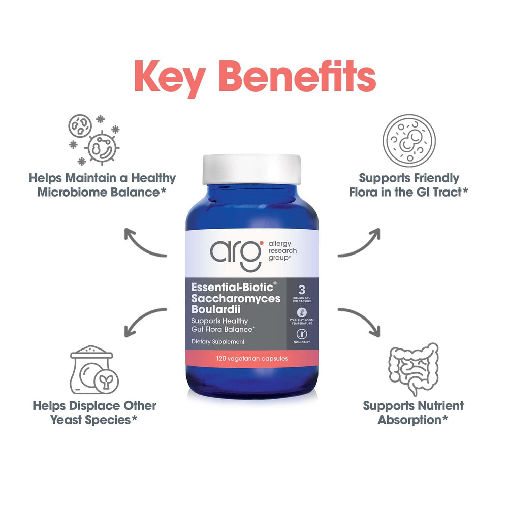 Allergy Research Group Essential-Biotic Saccharomyces Boulardii bottle on kitchen counter.