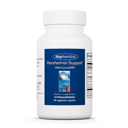 Allergy Research Group Herxheimer Support bottle highlights turmeric-boswellia for gentle detox.
