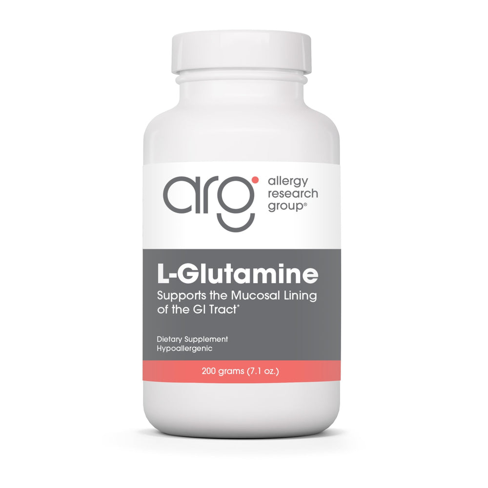 Allergy Research Group L-Glutamine powder bottle for gut support and clean amino acid source.