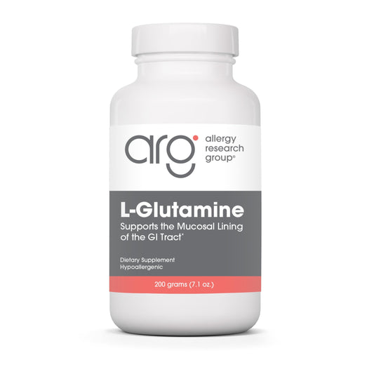 Allergy Research Group L-Glutamine powder bottle for gut support and clean amino acid source.