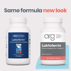 Allergy Research Group lactoferrin capsules shown for easy daily immune and gut balance.