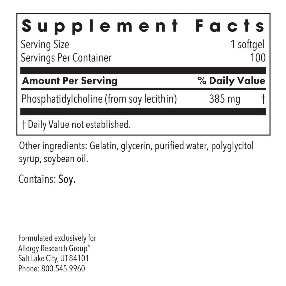 Allergy Research Group lecithin capsules closeup highlighting ingredients for digestion.