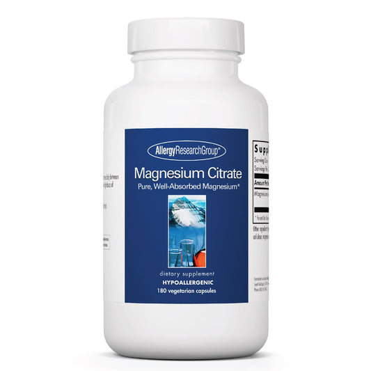 Allergy Research Group Magnesium Citrate bottle shows easy-to-swallow capsules for daily energy support