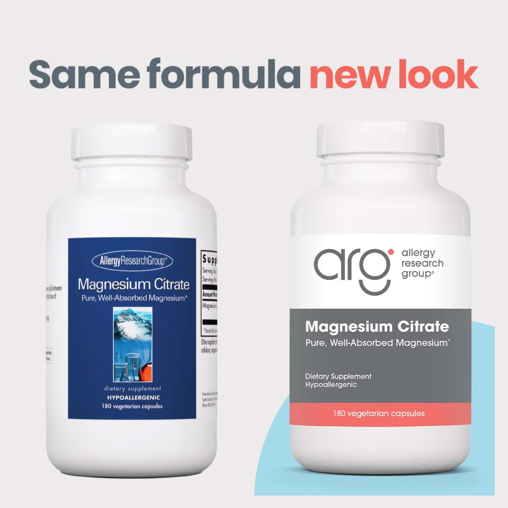 Allergy Research Group Magnesium Citrate label close-up highlights purity and non-GMO formula