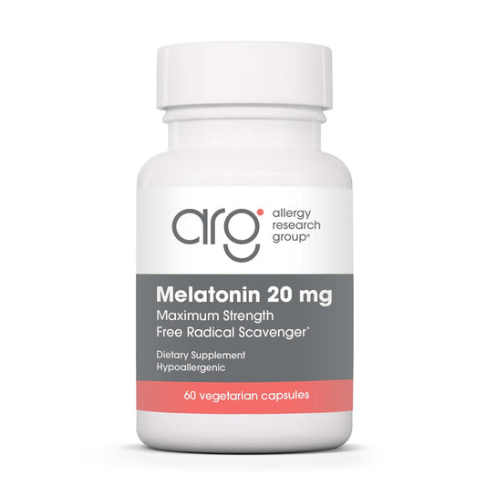 Allergy Research Group Melatonin bottle front showing 20 mg dose for sleep support.