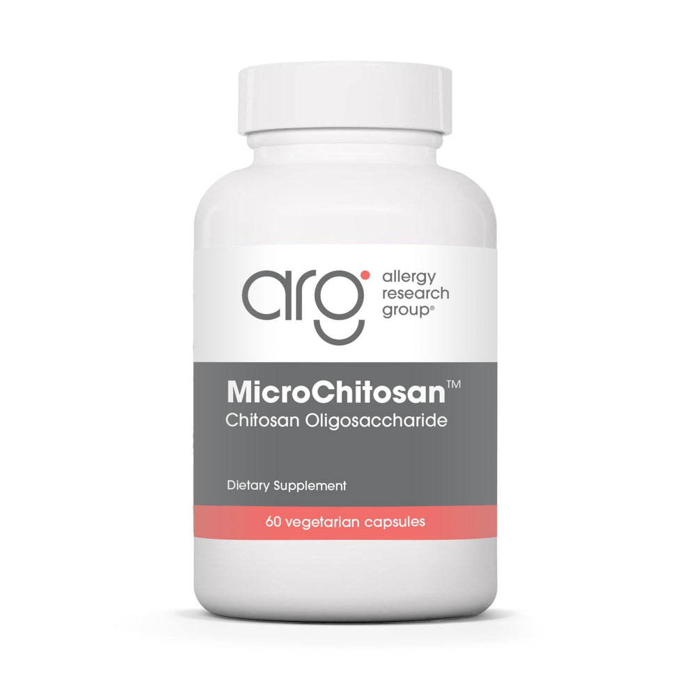 Allergy Research Group MicroChitosan bottle with detox-friendly capsules.