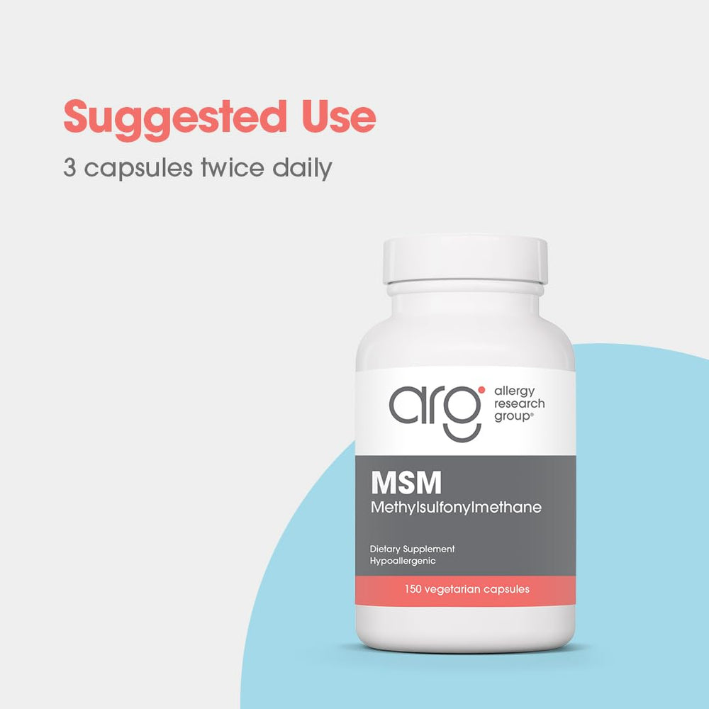 Allergy Research Group MSM bottle label detail emphasizes hypoallergenic formula.