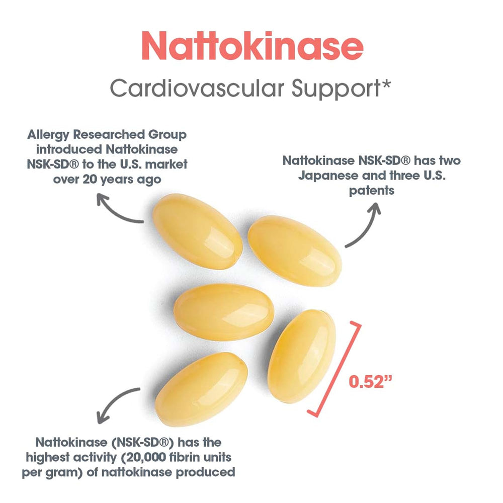 Allergy Research Group nattokinase bottle pour illustrates convenient daily use.