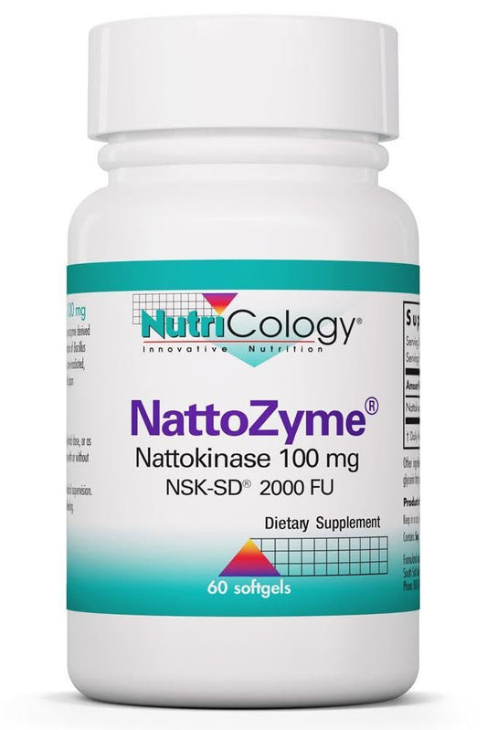 Allergy Research Group NattoZyme 100 mg bottle shows NSK-SD nattokinase for circulatory support.