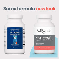 Nrf2 Renew label close-up showing hypoallergenic, doctor-developed formula