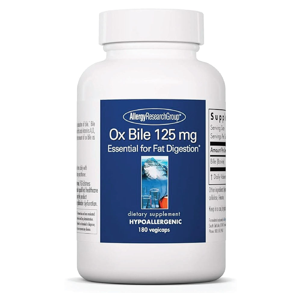 Allergy Research Group Oxbile 125mg bottle on display supports digestive comfort.