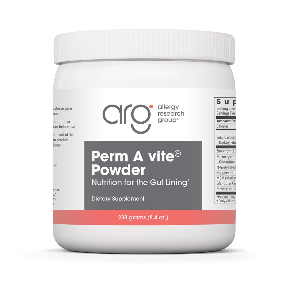 Allergy Research Group Perm A Vite Powder tub front signaling gut support for daily wellbeing
