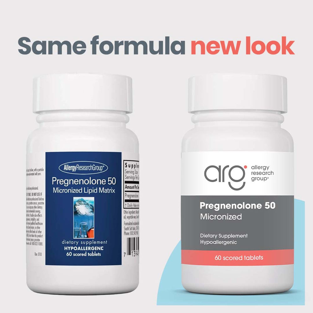 ARG Pregnenolone tablets closeup highlighting tablet shape for daily supplementation.
