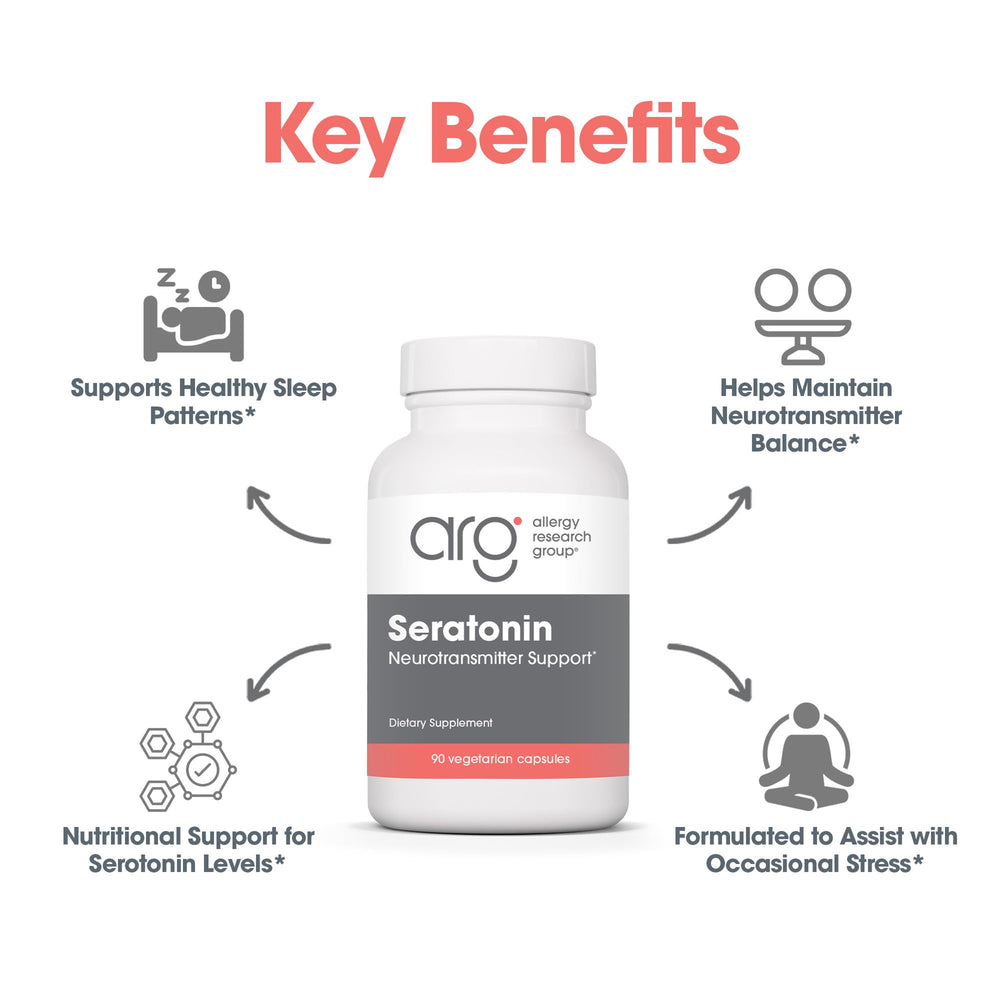 Allergy Research Group Seratonin bottle beside glass suggests evening relaxation ritual.