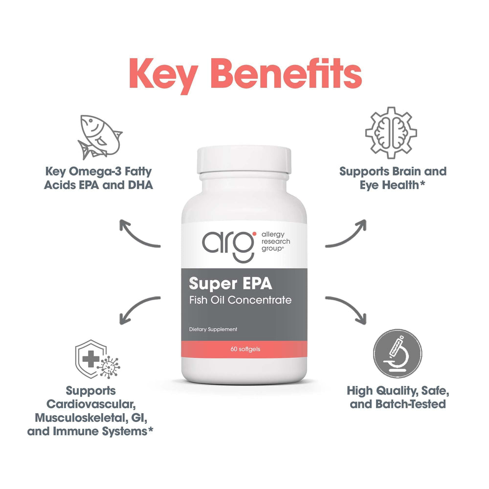 Allergy Research Group Super EPA bottle being poured to illustrate easy daily dosing.