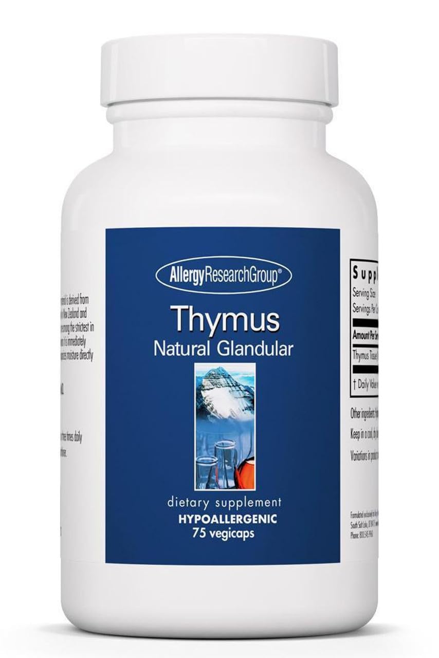 Allergy Research Group thymus supplement bottle with capsules for daily use