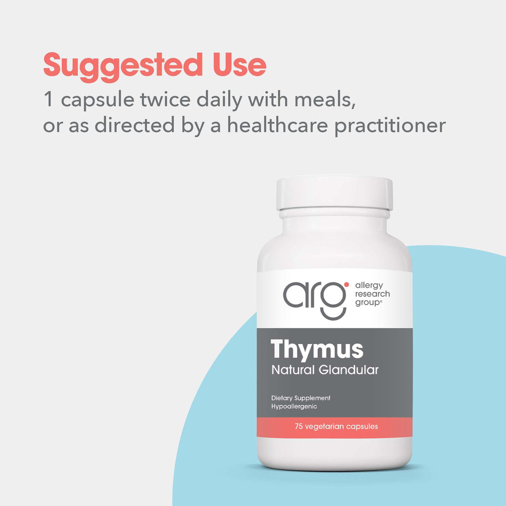 Doctor-developed hypoallergenic badge on Allergy Research Group thymus product