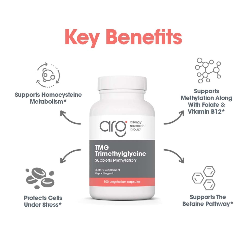 Allergy Research Group TMG bottle on white background for easy routine integration.