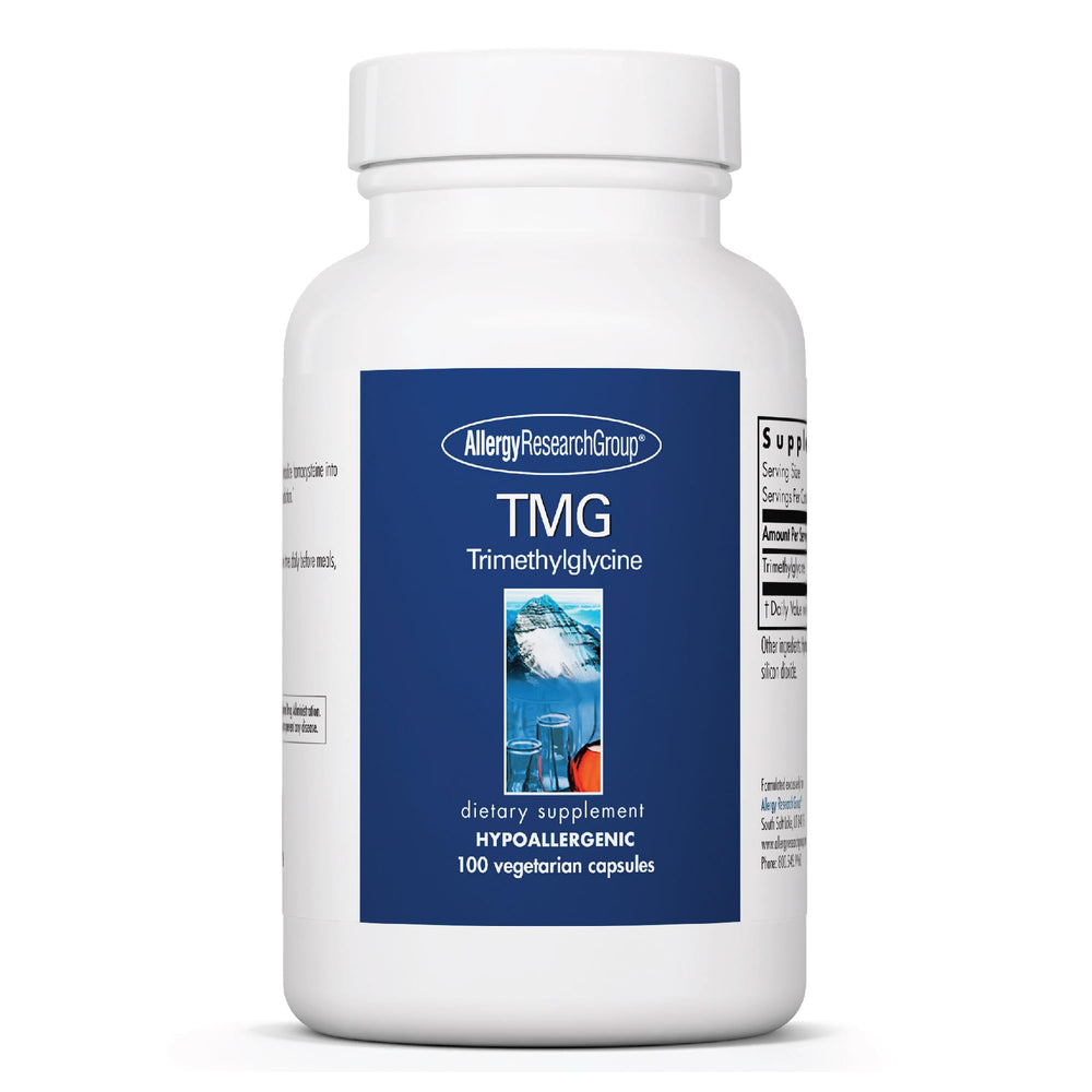 Allergy Research Group TMG bottle shows high-purity trimethylglycine for daily wellness.